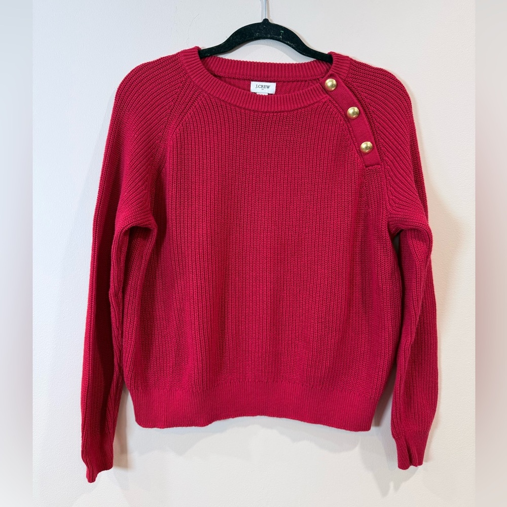 🔥J. Crew Pink-Red Crewneck Sweater with Gold Shoulder Buttons Women’s Size S🔥